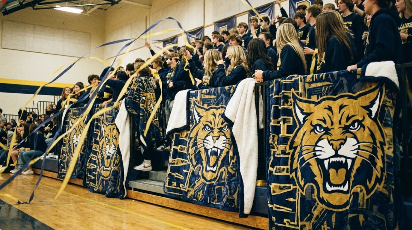 Gym pep rally with navy and gold wildcat blankets draped over every bleacher railing