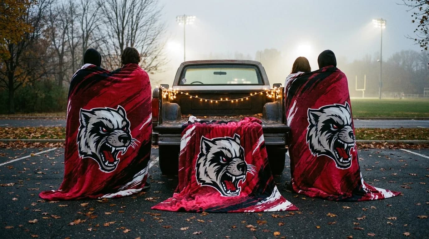 Tailgate behind a pickup truck with string lights, friends bundled in red wolf mascot blankets