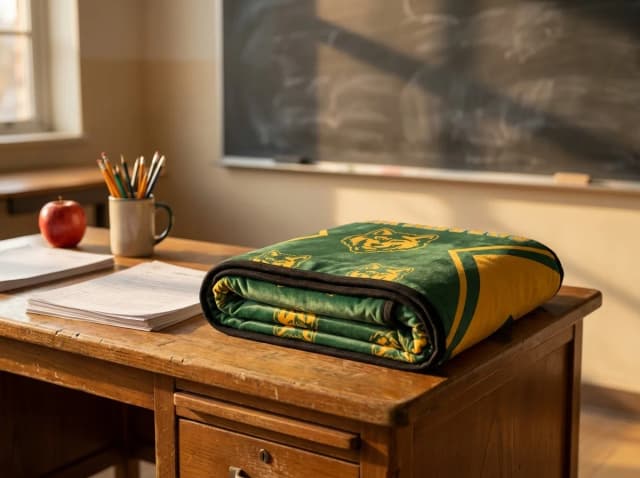 Folded green and gold school blanket on a teacher's desk in front of the chalkboard