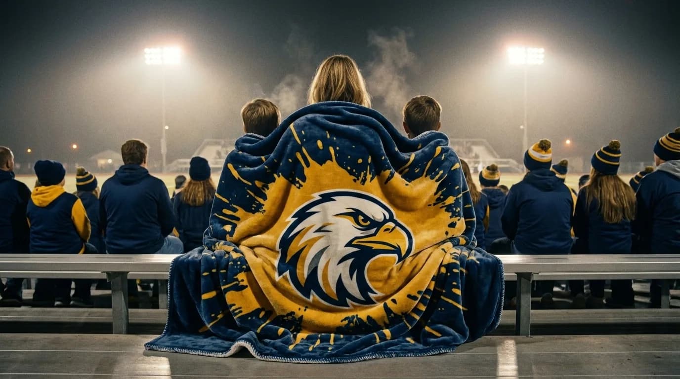 Mom and two kids huddled under a navy and gold eagle mascot blanket on the bleachers